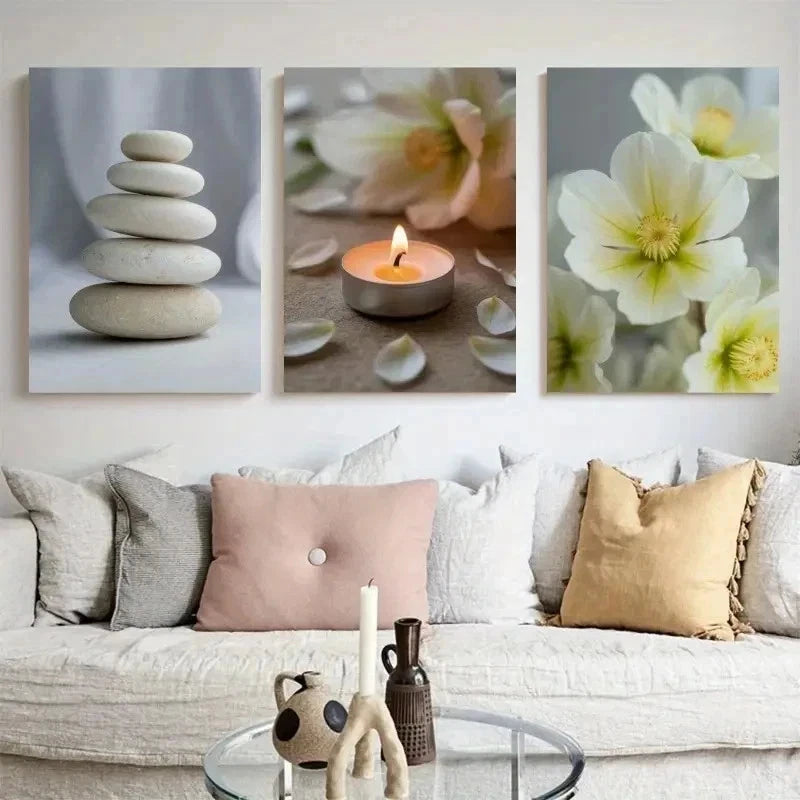 3pcs Zen Stones, Candle, White Flower  Wall Art Set Canvas Framed 60x90cm - High Quality Print 100% Australian Made Wall Canvas Ready to Hang - Bella Home Decor