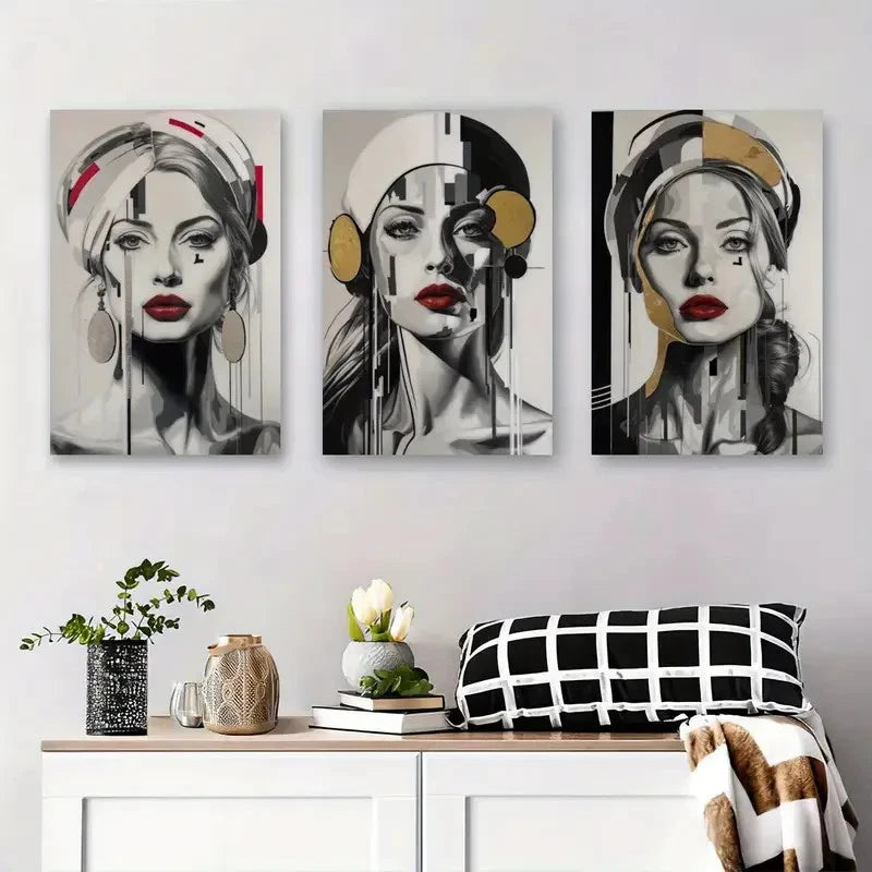 3pcs Elegant Women with Bold Red Wall Art Set Canvas Framed 50x70cm - High Quality Print 100% Australian Made Wall Canvas Ready to Hang
