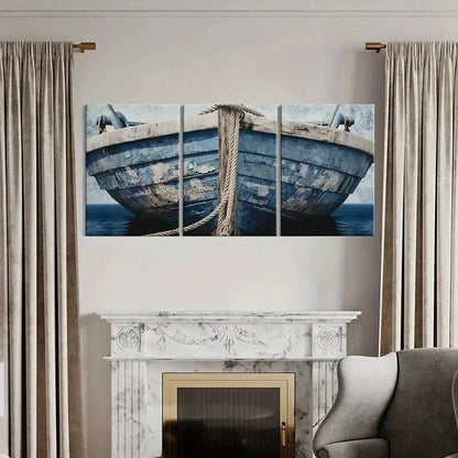 3pcs Blue Wooden Boat & Rope Design Wall Art Set Canvas Framed 60x90cm - High Quality Print 100% Australian Made Wall Canvas Ready to Hang - Bella Home Decor
