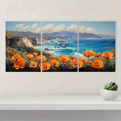 3pcs California Poppy & Big Sur Coast Perfect Wall Art Set Canvas Framed 60x90cm - High Quality Print 100% Australian Made Wall Canvas Ready to Hang - Bella Home Decor