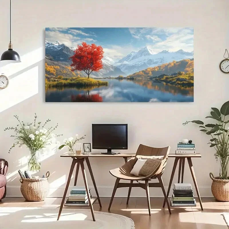 Red Tree Autumn Scenery Water Wall Art Canvas Office Home Room Framed 120x60cm