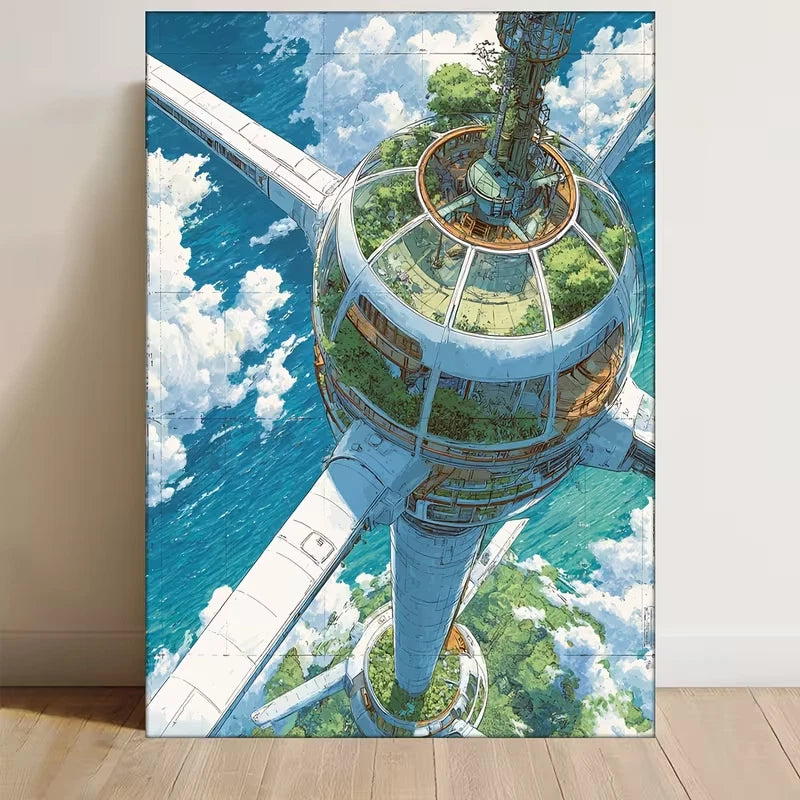 Futuristic Space Tower with Solar Panels 60x90cm Metal Print Ready to Hang