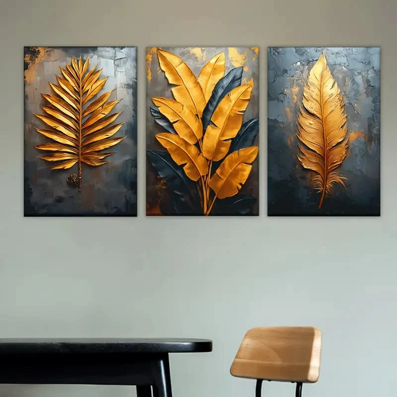 3pcs three golden leaves on a black Wall Art Set Canvas Framed 60x90cm - High Quality Print 100% Australian Made Wall Canvas Ready to Hang - Bella Home Decor