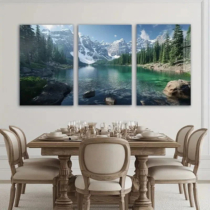 3pcs Snowy Mountains Forest Lakes Metal Print Ready to Hang Art - Bella Home Decor