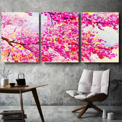 3pcs Vibrant Pink Cherry Blossom Watercolor Wall Art Set Canvas Framed 60x90cm - High Quality Print 100% Australian Made Wall Canvas Ready to Hang
