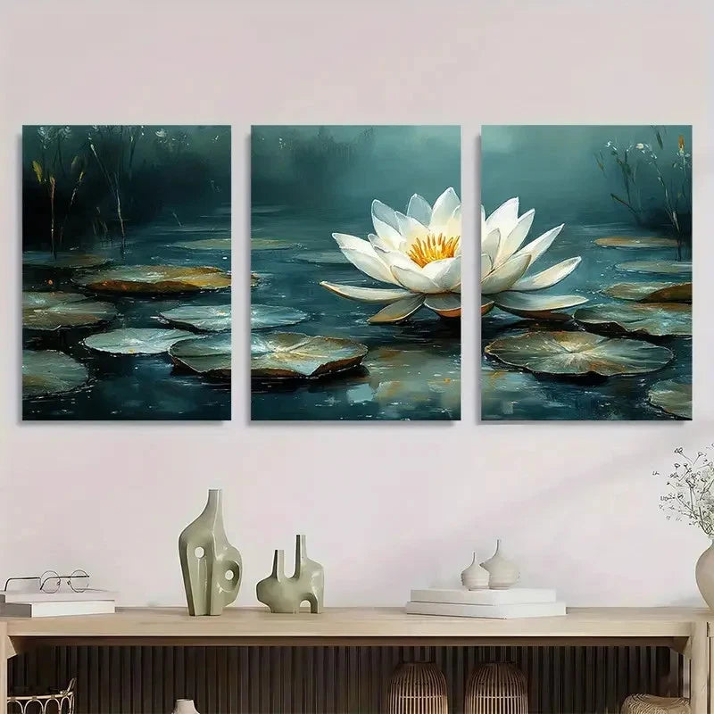 3pcs White Lotus Flower Elegant Perfect Wall Art Set Canvas Framed 40x60cm - High Quality Print 100% Australian Made Wall Canvas Ready to Hang - Bella Home Decor