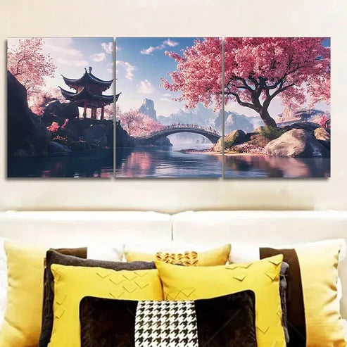 3pcs Cherry Blossom River Landscape Luxurious Wall Art Set Canvas Unframed - High Quality Print 100% Australian Made Wall Canvas - Bella Home Decor