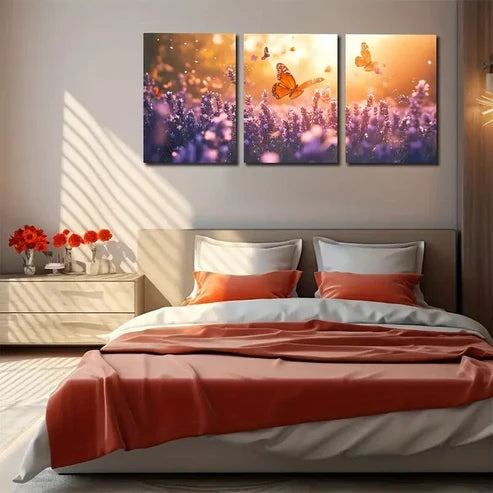 3pcs Lavender with Flying Butterflies Wall Art Canvas Unframed - High Quality Print 100% Australian Made Wall Canvas