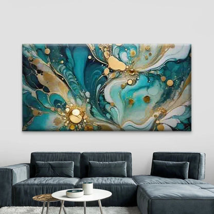 Abstract Teal and Golden Wall Art Canvas Office Home Room Framed 120x60cm