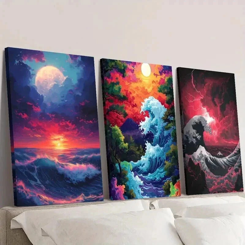 3pcs Colorful Ocean Wave & Sunset Scenes Wall Art Set Canvas Framed 60x90cm - High Quality Print 100% Australian Made Wall Canvas Ready to Hang