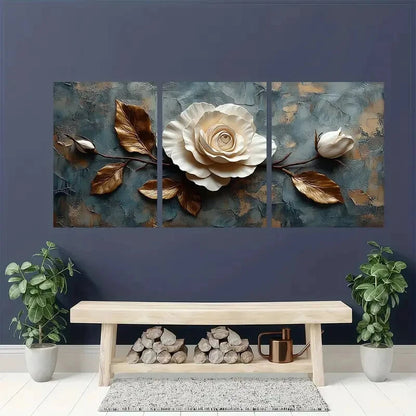 3pcs Modern Beige Flower Golden Leaves & Roses Metal Print Ready to Hang Art - Bella Home Decor