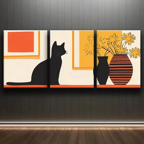 3pcs Colorful Modern Black Cat & Yellow Perfect Wall Art Set Canvas Unframed - High Quality Print 100% Australian Made Wall Canvas - Bella Home Decor