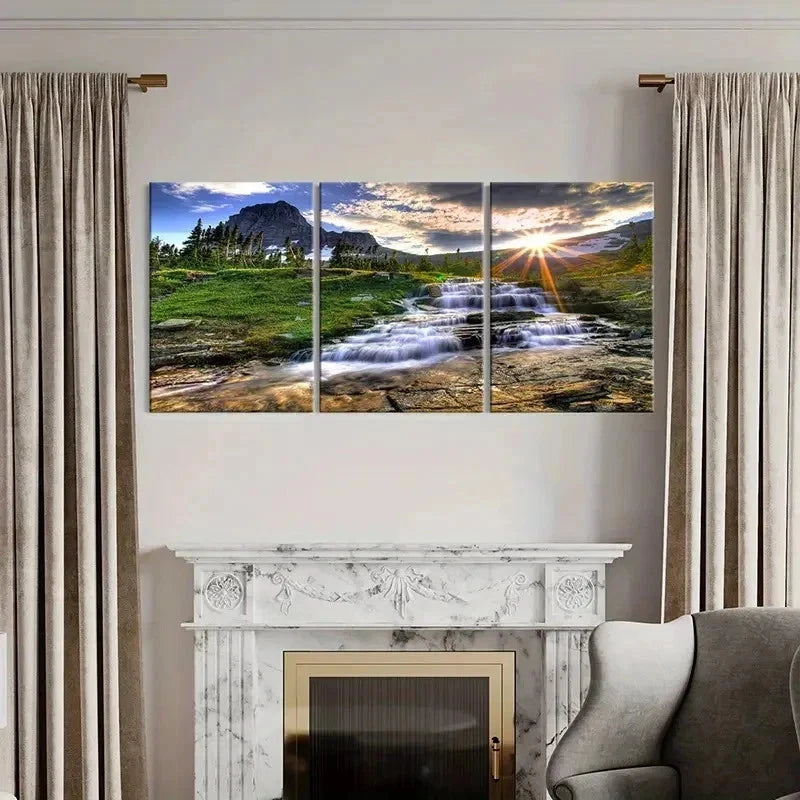3pcs Mountains Streams Rising Sun Modern Wall Art Set Canvas Framed 40x60cm - High Quality Print 100% Australian Made Wall Canvas Ready to Hang
