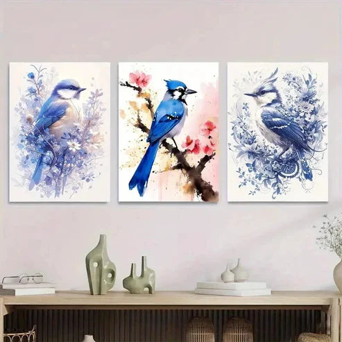 3pcs Bluebird Paintings Watercolor Bird Wall Art Set Canvas Unframed - High Quality Print 100% Australian Made Wall Canvas - Bella Home Decor