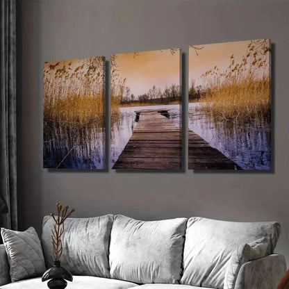 3pcs Scenic Lake Sunset Triptych paintings Wall Art Set Canvas Framed 40x60cm - High Quality Print 100% Australian Made Wall Canvas Ready to Hang