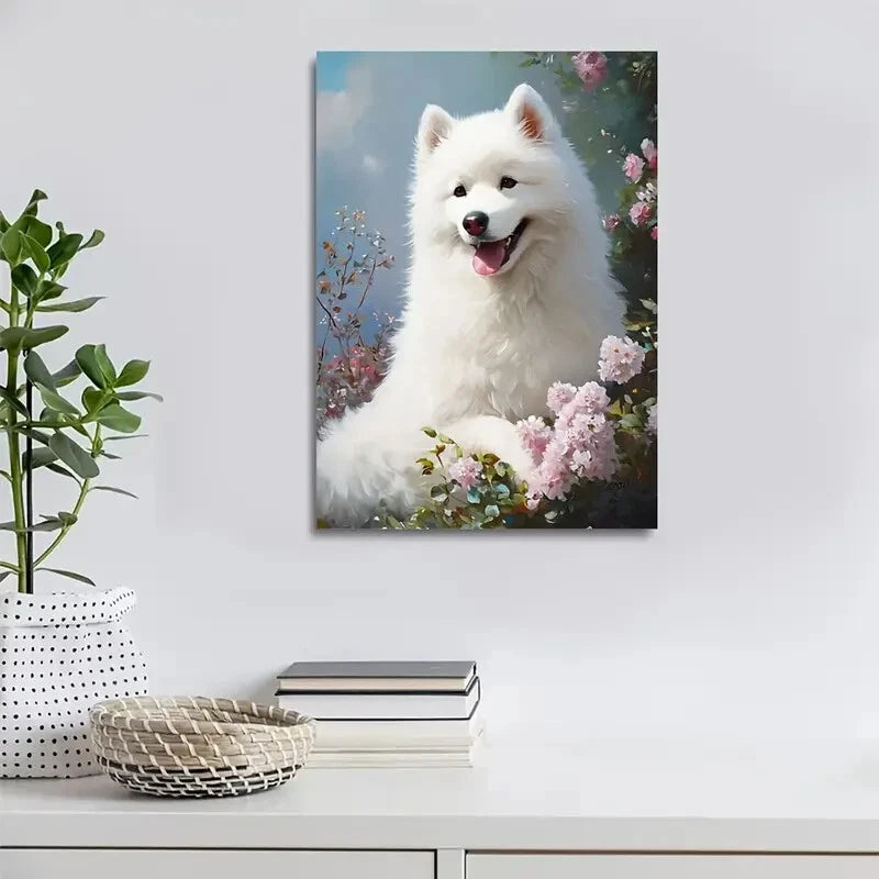 Beautiful Vibrant Flowers & Greenery Dog Painting 40x60cm Metal Print Ready to Hang