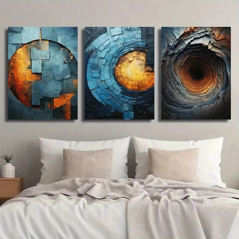 3pcs Abstract Blue Orange Brick Texture Perfect Wall Art Set Canvas Framed 50x70cm - High Quality Print 100% Australian Made Wall Canvas Ready to Hang - Bella Home Decor