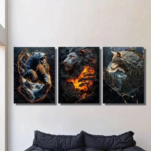 3pcs Statues of Lion Bear and Wolf  Wall Art Set Canvas Unframed - High Quality Print 100% Australian Made Wall Canvas