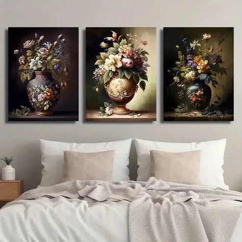 3pcs Artistic Painting of Flowers in Vase Wall Art Set Canvas Unframed - High Quality Print 100% Australian Made Wall Canvas - Bella Home Decor