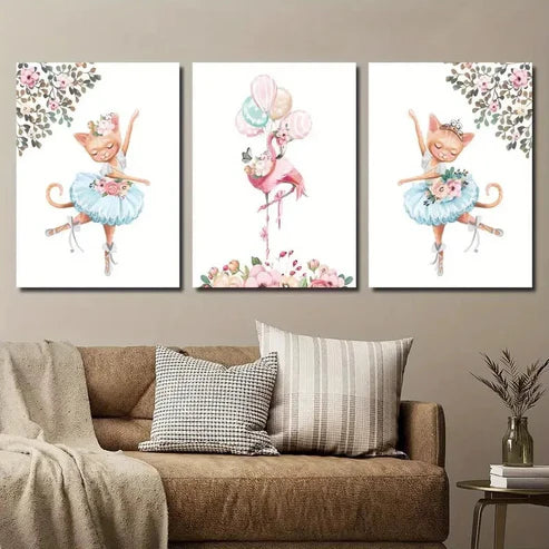 3pcs Kitten Ballet Pink Flamingo & Floral Design Wall Art Set Canvas Unframed - High Quality Print 100% Australian Made Wall Canvas