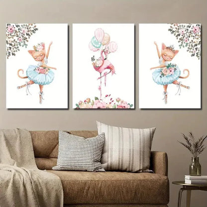 3pcs Kitten Ballet Pink Flamingo & Floral Design Wall Art Set Canvas Unframed - High Quality Print 100% Australian Made Wall Canvas