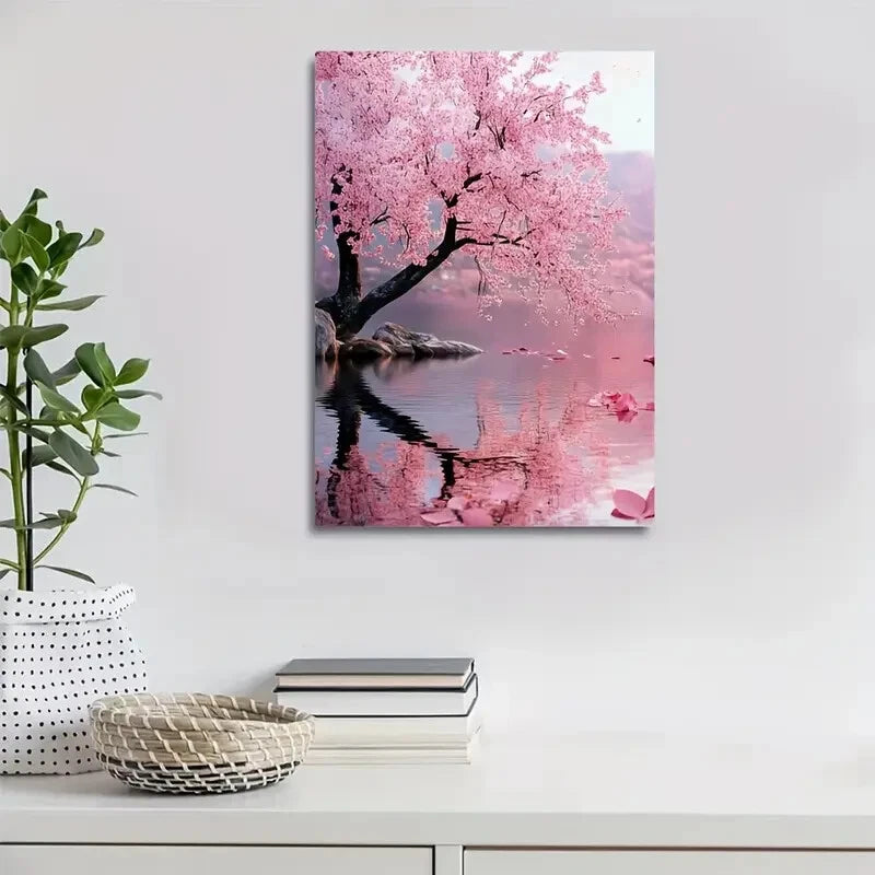 Serene Pink Blossom Landscape with Mirror Reflection 40x60cm Metal Print Ready to Hang - Bella Home Decor