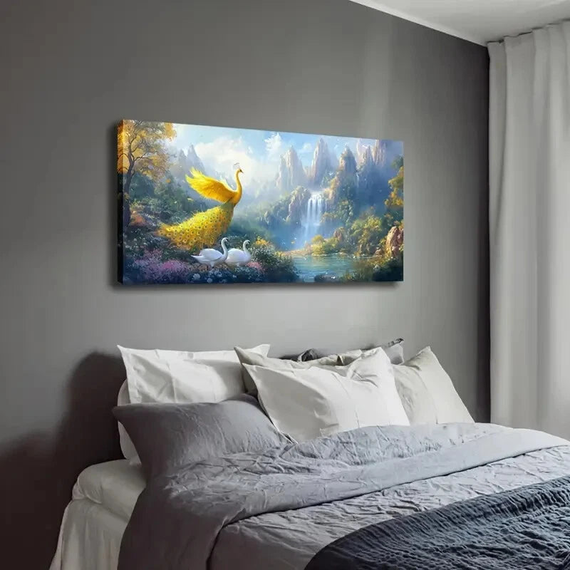 Golden Peacock And Swans Wall Art Canvas Office Home Room Framed 120x60cm - Bella Home Decor