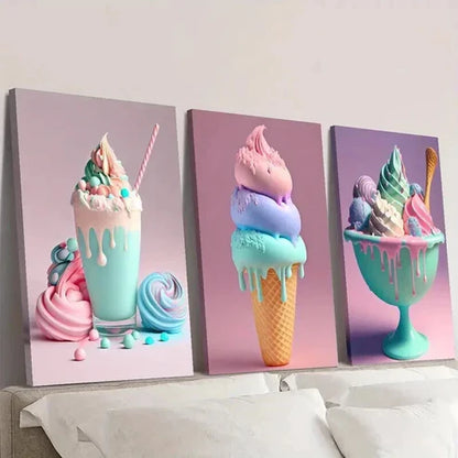 3pcs Vibrant Colorful Ice Cream Dessert Wall Art Canvas Unframed - High Quality Print 100% Australian Made Wall Canvas