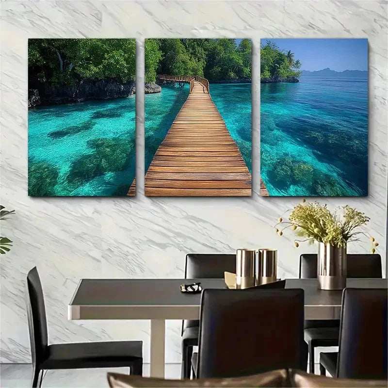 3pcs Tranquil Tropical Seascape Bridge Perfect Wall Art Set Canvas Framed 60x90cm - High Quality Print 100% Australian Made Wall Canvas Ready to Hang