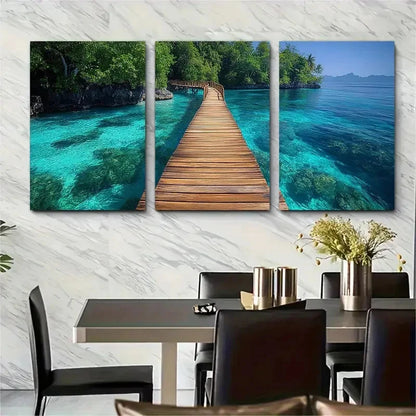 3pcs Tranquil Tropical Seascape Bridge Perfect Wall Art Set Canvas Framed 60x90cm - High Quality Print 100% Australian Made Wall Canvas Ready to Hang