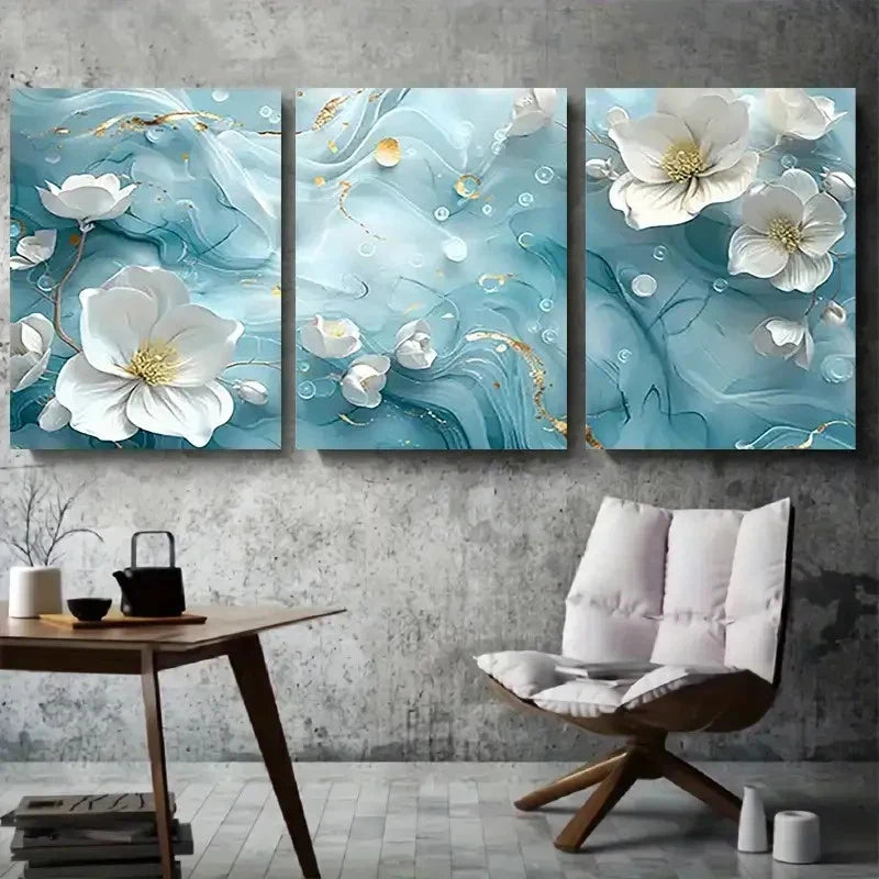 3pcs Elegant White Flower Golden Accents Metal Print Ready to Hang Art