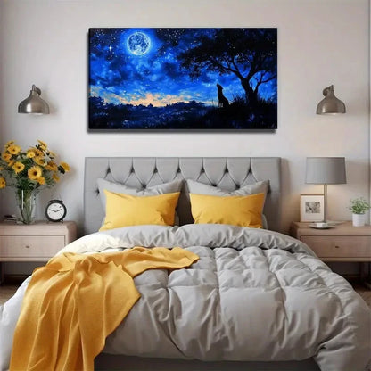 Blue & Black Night Sky Wolf Wall Art Canvas Office Home Room Framed 120x60cm