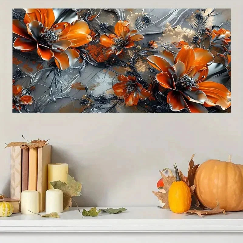 Vibrant Orange Flowers & Gray Wall Art Canvas Office Home Room Framed 120x60cm