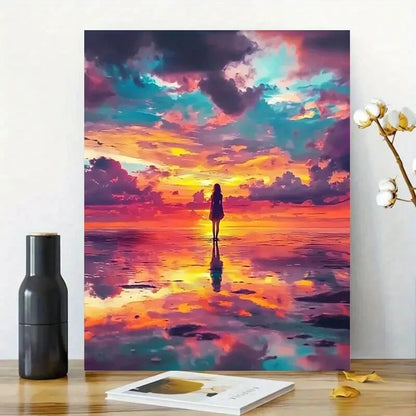 Girl Stands on The Beach, with Colorful Clouds Sky 40x60cm Metal Print Ready to Hang