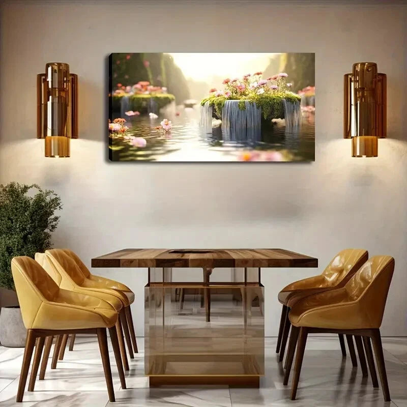Waterfall & Blooming Flowers Wall Art Canvas Office Home Room Framed 120x60cm - Bella Home Decor