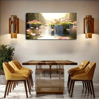 Waterfall & Blooming Flowers Wall Art Canvas Office Home Room Framed 120x60cm - Bella Home Decor