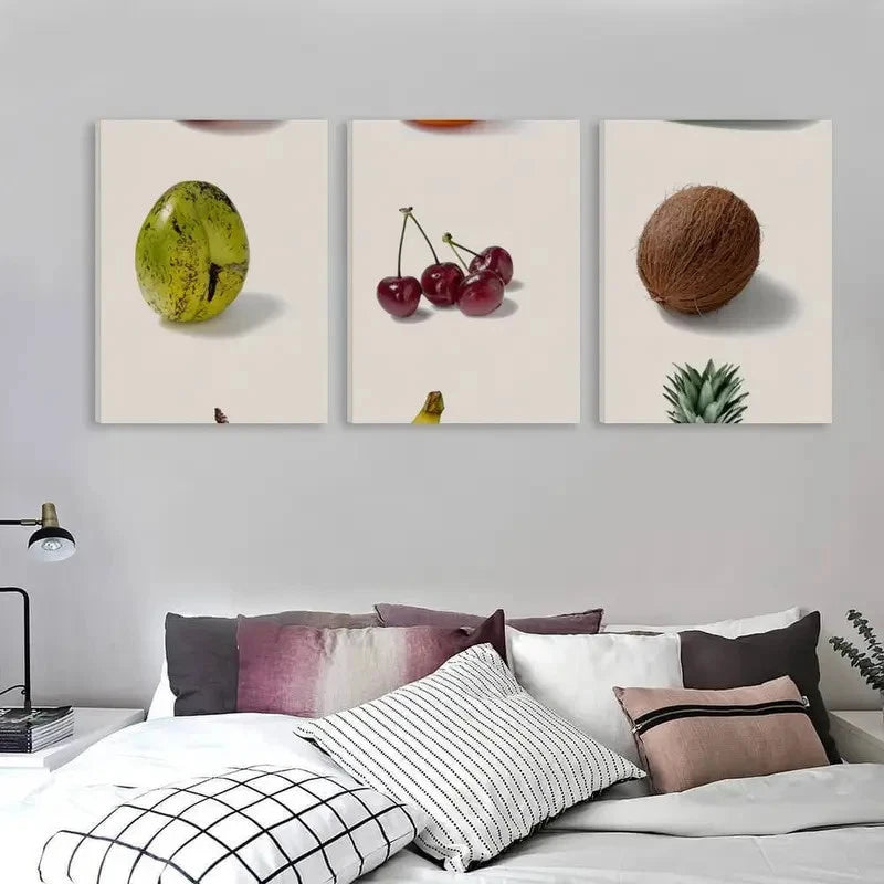 3pcs Banana, Cherry & Coconut Painting     Wall Art Set  Canvas Framed 50x70cm - High Quality Print 100% Australian Made Wall Canvas Ready to Hang - Bella Home Decor