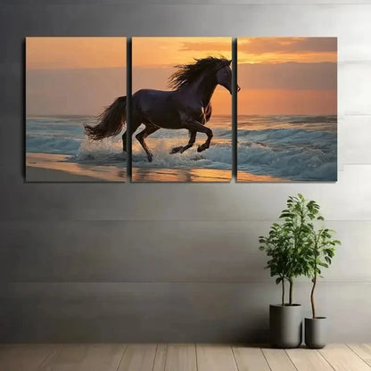 3pcs Majestic Black Horse Galloping Flowing Wildly Metal Print Ready to Hang Art - Bella Home Decor