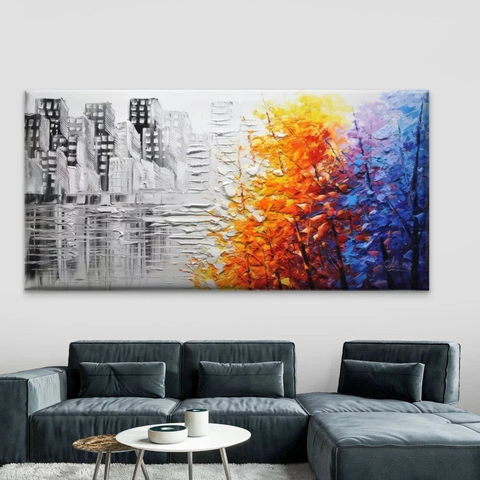 Abstract Cityscape & Autumn Wall Art Canvas Office Home Room Framed 120x60cm