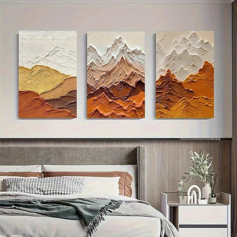 3pcs Abstract Mountain Earth Tone Geometric Metal Print Ready to Hang Art - Bella Home Decor