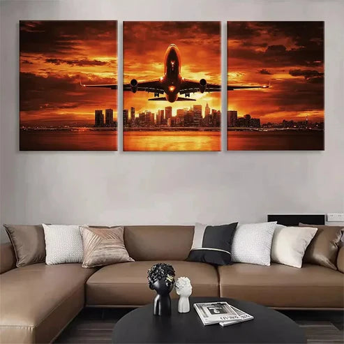 3pcs Vibrant Airplane Cityscape Skyline Perfect Wall Art Canvas Unframed - High Quality Print 100% Australian Made Wall Canvas