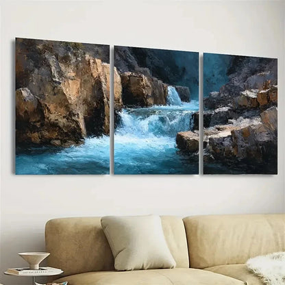3pcs Rocky Cliffside Waterfall Deep Blue Wall Art Set Canvas Framed 50x70cm - High Quality Print 100% Australian Made Wall Canvas Ready to Hang