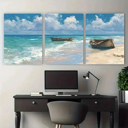 3pcs Stranded Boats On Beach Variant Wall Art Canvas Unframed - High Quality Print 100% Australian Made Wall Canvas