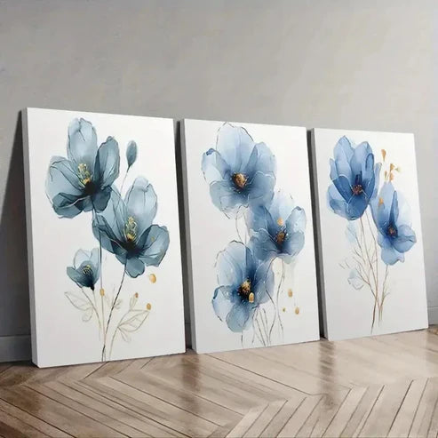 3pcs Modern Abstract Blue Floral Wall Art Set Canvas Unframed - High Quality Print 100% Australian Made Wall Canvas