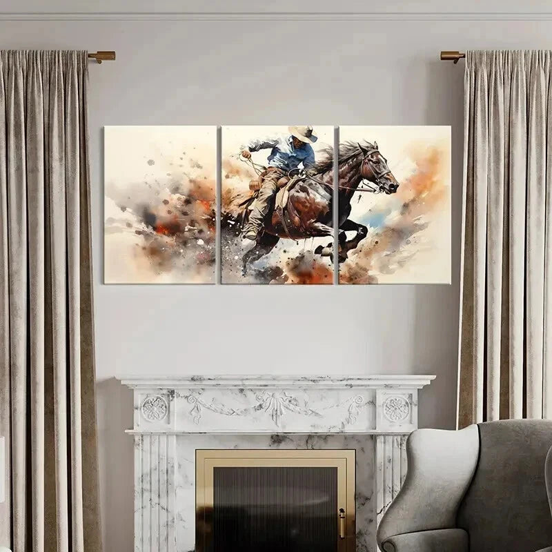 3pcs Abstract Animal Art Cowboy Horse Retro Wall Art Set Canvas Framed 50x70cm - High Quality Print 100% Australian Made Wall Canvas Ready to Hang - Bella Home Decor