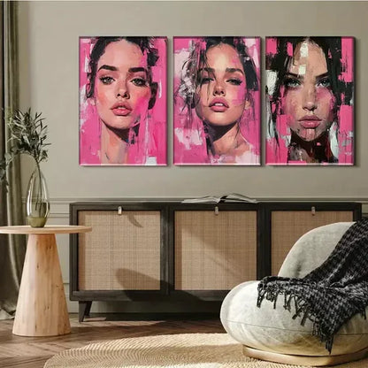 3 PCS Pink Pop Art Female Portrait Triptych Wall Art Set Canvas Unframed - High Quality Print 100% Australian Made Wall Canvas