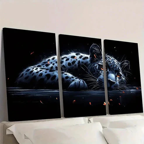 3pcs Black White Lying Leopard Animal  Wall Art Set Canvas Unframed - High Quality Print 100% Australian Made Wall Canvas - Bella Home Decor