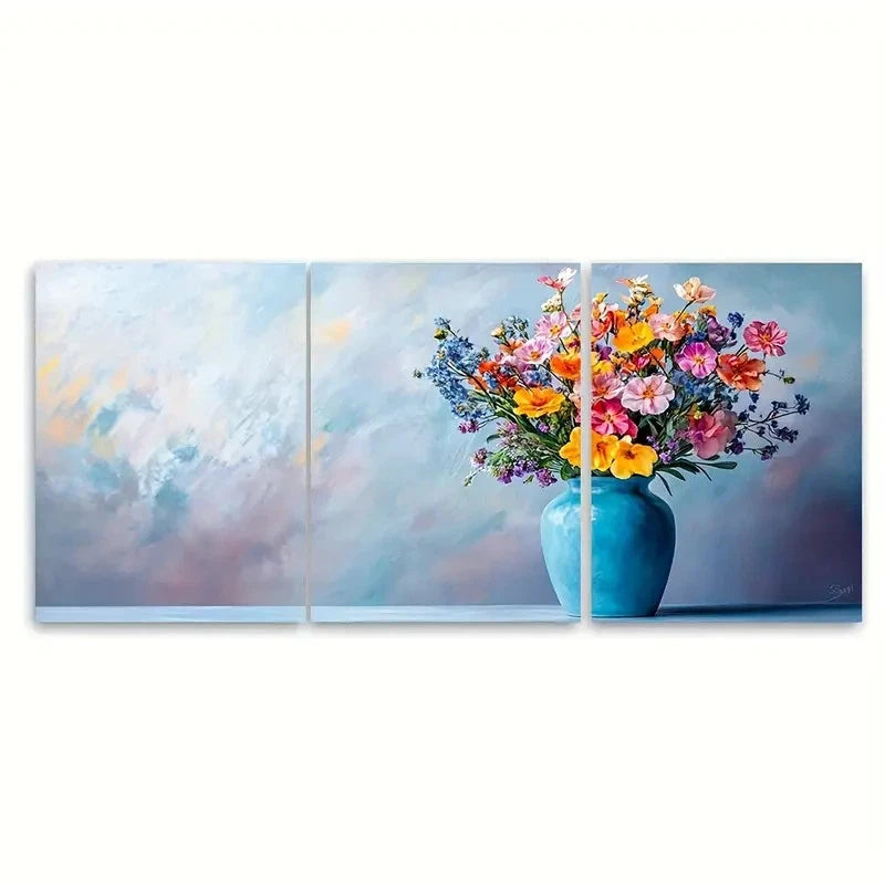 3pcs Flowers in a Blue Vase oi   Wall Art Set Canvas Framed 60x90cm - High Quality Print 100% Australian Made Wall Canvas Ready to Hang - Bella Home Decor
