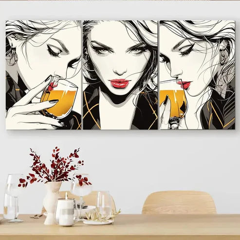 3pcs Women Drinking Cocktail Chic Poses Wall Art Canvas Unframed - High Quality Print 100% Australian Made Wall Canvas