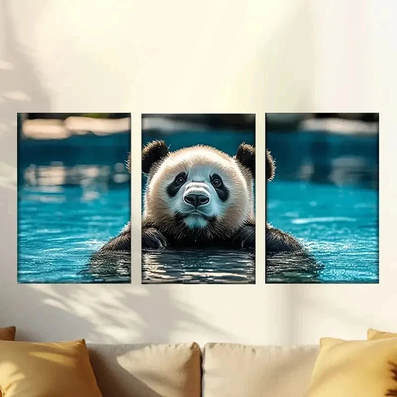 3pcs Pandswimming in Pool Wall Art Set Canvas Framed 40x60cm - High Quality Print 100% Australian Made Wall Canvas Ready to Hang